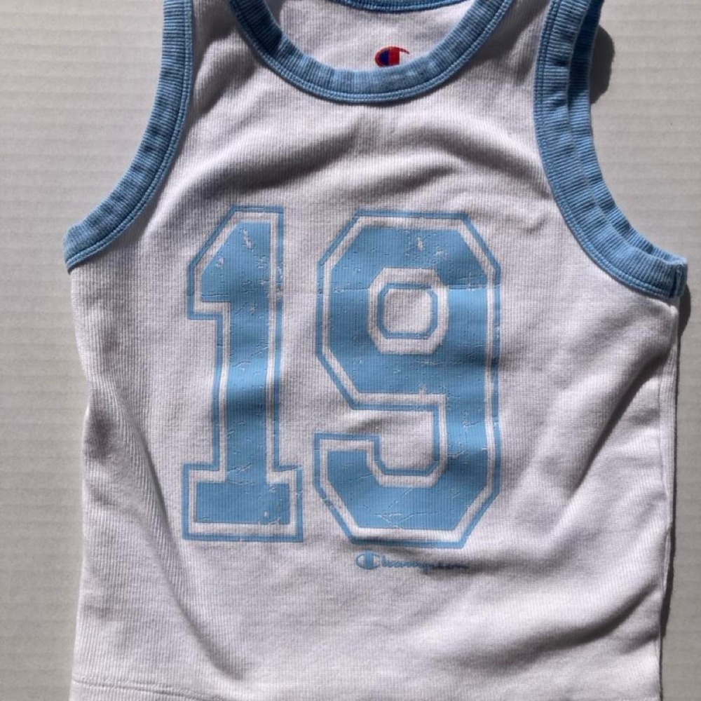 Champion white & blue baby cropped tank top Y2K snug fit